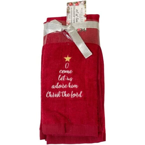 Set of (2) Holiday Themed Stitched Fingertip Towels (Red, O Come Let US) - Picture 1 of 1